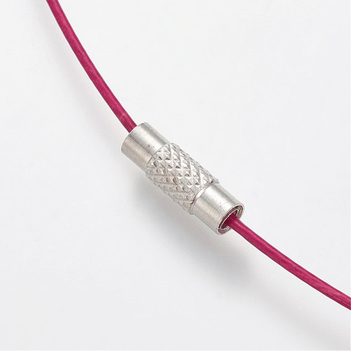 Steel Wire Necklace Cord, Nice for DIY Jewelry Making, with Brass Screw Clasp, Medium Violet Red, 17.5"; 1mm; clasp: 12x4mm