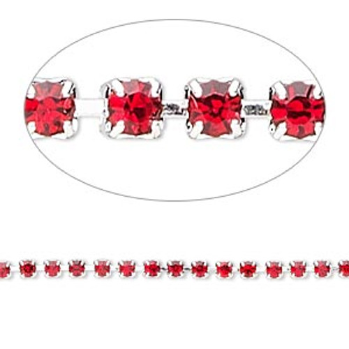 Cupchain, glass rhinestone and silver-plated brass, light red, 2.5x2.5mm round (SOLD PER FOOT)