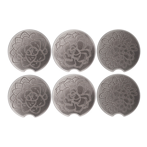 Succulent Car Coasters Set of 6 - Brushed Nickel Finish