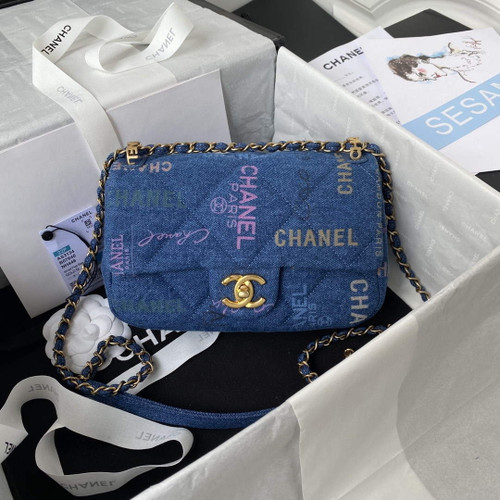 Chanel AS3134 Small Flap Bag Printed Denim Blue