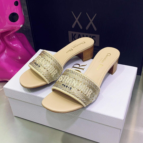 Dior Women's Shoes Dway Heeled Slide Metallic Thread Strass KCQ244LCS Yellow