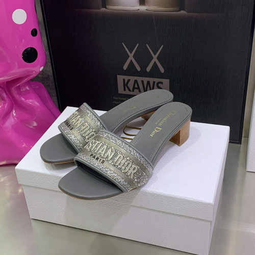 Dior Women's Shoes Dway Heeled Slide Metallic Thread Strass KCQ244LCS Gray