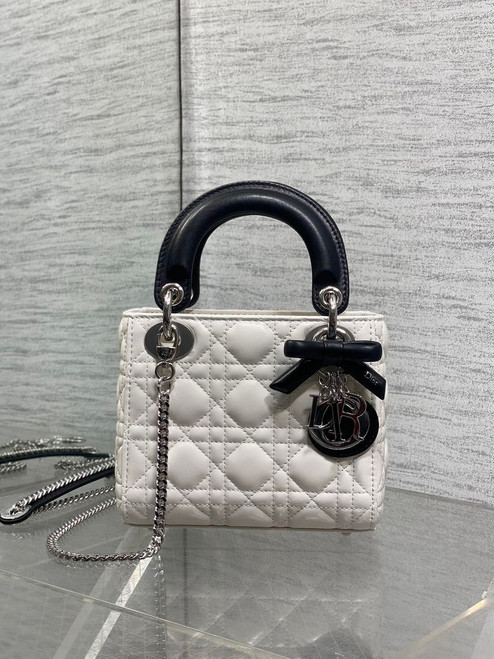 Dior M0505 Mini Lady Dior Bag White Cannage Lambskin With Black Handle Bow