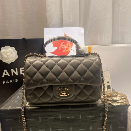 Chanel AS2431 Mini Flap Lambskin Bag with top Handle Gray Bright gold