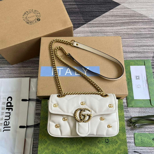 Gucci 446744 GG Marmont Mini Shoulder Bag Double G Studs White