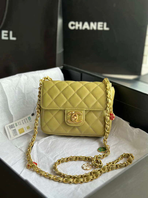 Chanel AS3738 Mini Flap Bag Lambskin Enamel & Gold-Tone Metal Yellow