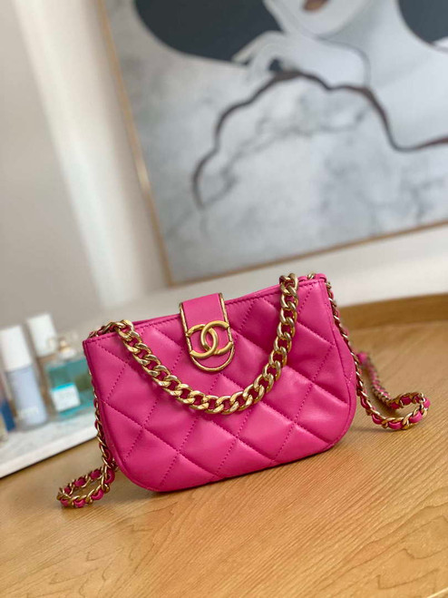 Chanel 3475 Small HOBO Handbag Lambskin & Gold-Tone Metal Rose Red