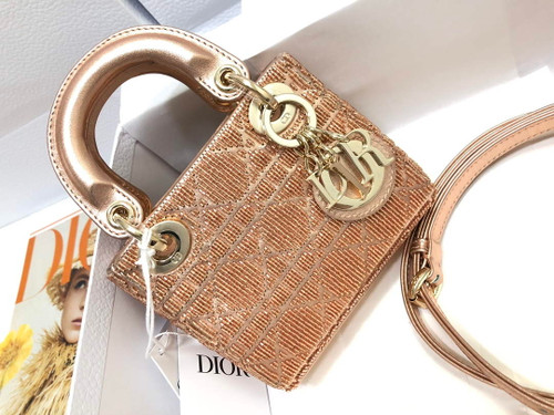 Dior S0856 MICRO LADY DIOR BAG Horizon Pink Metallic Cannage Lambskin Embroidered with Beads