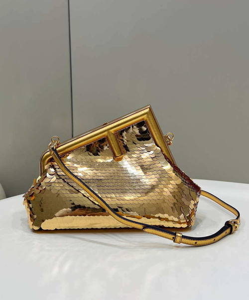 Fendi 8BP129 Fendi First Small Gold-colored leather and sequinned bag 80066