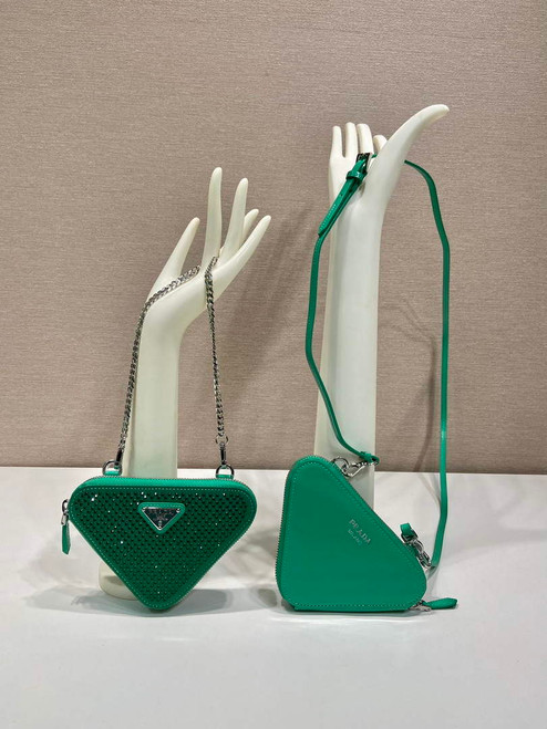 Prada 1NR015 Embellished satin and leather mini-pouch Green