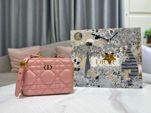 Dior S5140 Caro Box Bag Pink Quilted Macrocannage Calfskin