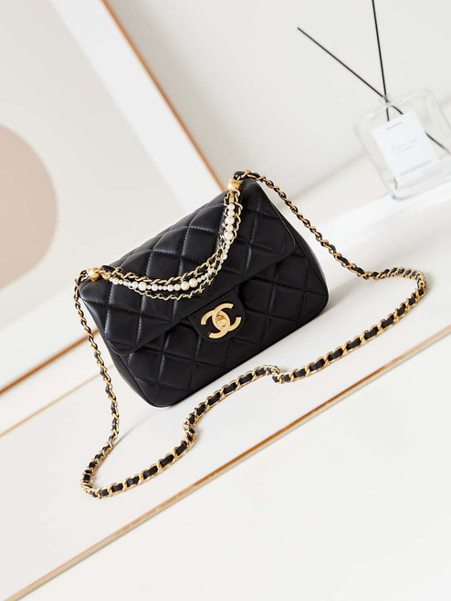 Chanel AS4384 Mini Flap Bag Pearly Lambskin  Imitation Pearls & Gold-Tone Metal Black