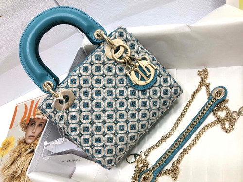 Dior M0505 Mini Dior Lady Bag Blue Metallic Cannage Lambskin with Embroidered Check Beads
