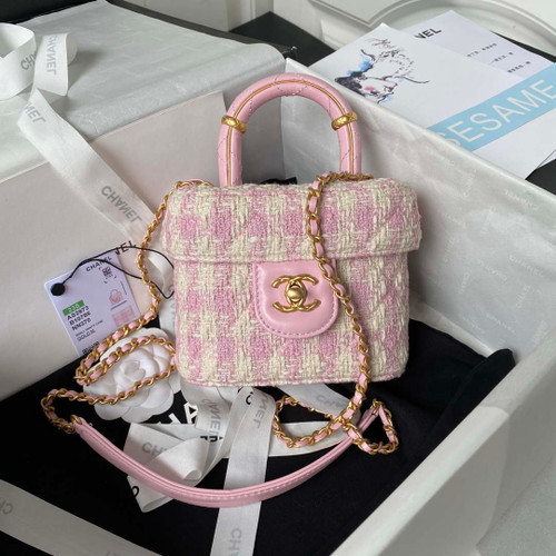 Chanel AS3973 Small Vanity Case Tweed Lambskin & Gold Metal Pink & Ecru