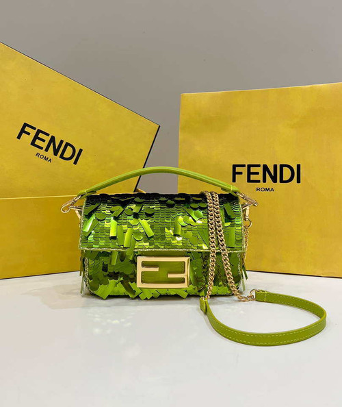 Fendi 8BS017 Mini Baguette Acid green sequin and leather bag 8601s