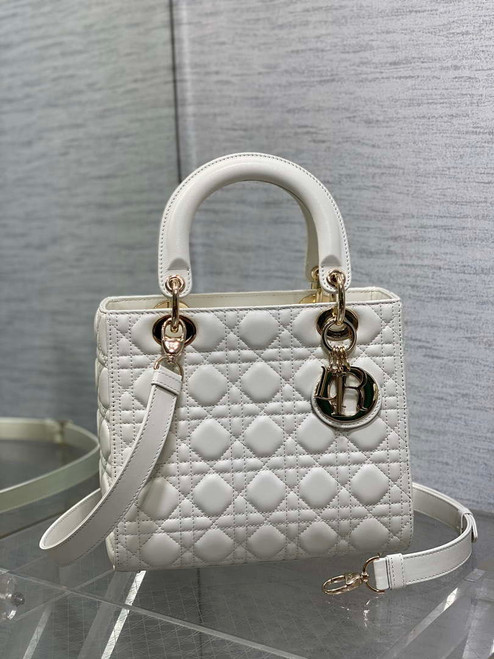 Dior M0565 Medium Lady Dior Bag  White Cannage Lambskin Gold