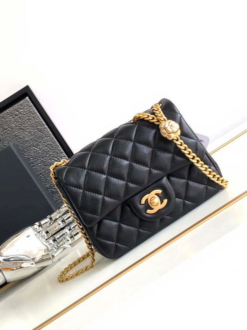 Chanel AS4040 Mini Flap Classic Bag 18 Woc Camellia Lambskin Black