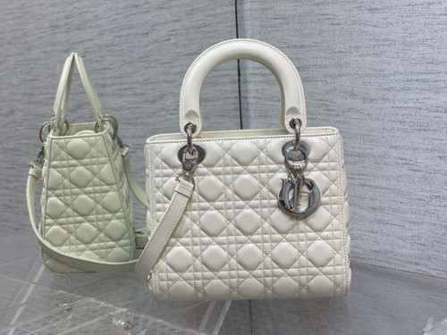 Dior M0565 Medium Lady Dior Bag White Cannage Lambskin Silver