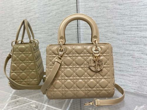 Dior M0565 Medium Lady Dior Bag Mike Tea Cannage Lambskin Enamel Hardware