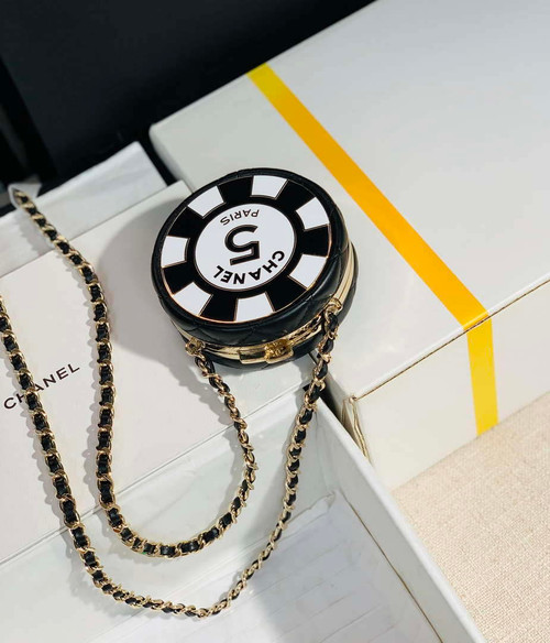 Chanel Ap3704 Clutch  With Chain Lambskin Enamel & Gold-Tone Metal Black & White