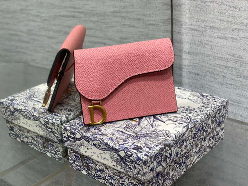 Dior S5611 Saddle Flap Card Holder Pink Grained Calfskin