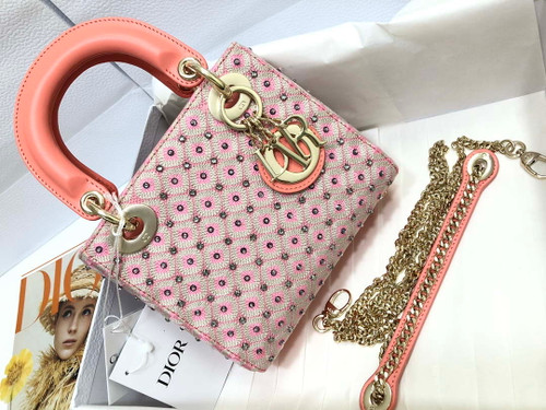 Dior M0505 Mini Dior Lady Bag Pink Metallic Cannage Lambskin with Embroidered Check Beads