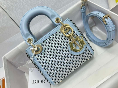 Dior S0856 Micro Lady Dior Bag Horizon Blue Metallic Cannage Lambskin embroidery sequins