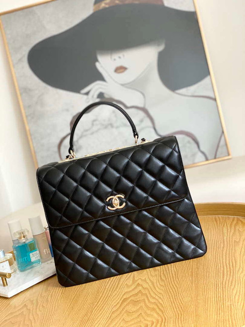 Chanel A92237 Large Flap Bag Trendy CC With Top Handle Relief Black Lambskin Gold