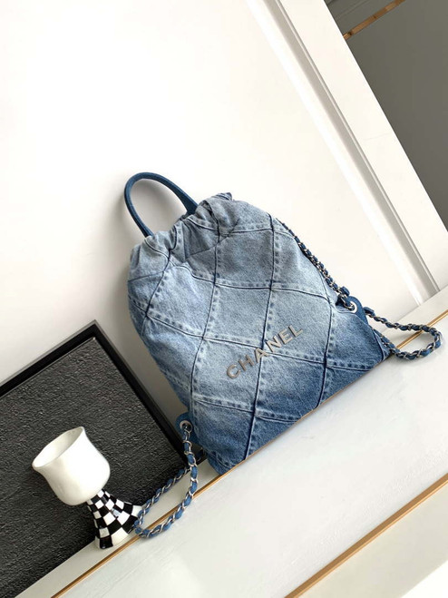 Chanel 22 Backpack AS3859 Denim Blue canvas With Sliver Logo