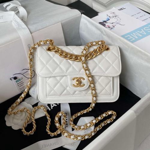 Chanel AS4051 Flap Bag Lambskin Gold Metal White