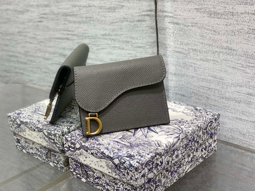 Dior S5611 Saddle Flap Card Holder Gray Grained Calfskin