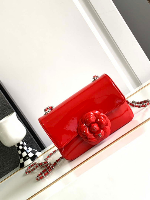 Chanel AS3356 Mini Flap 18cm Patent leather Camellia Red