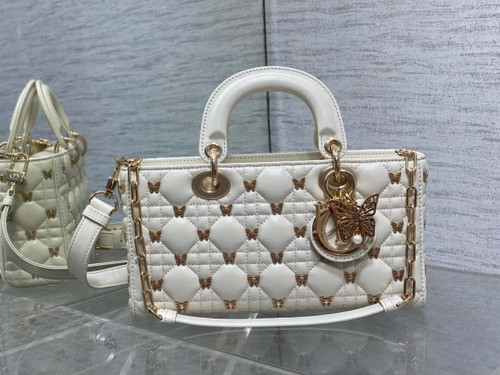 Dior M0540 Medium Lady D-Joy Bag  White Cannage Lambskin with Gold-Finish Butterfly Studs
