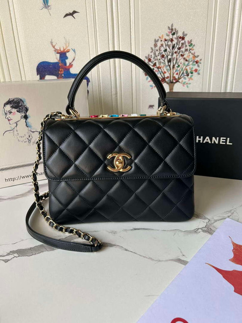 Chanel Trendy 24C Flap Bag With Top Handle Lambskin bag A92236 Black Multicolor Logo