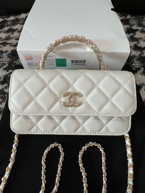 Chanel A96034 Woc Wallet on Chain With Small flower Handle White Lambskin
