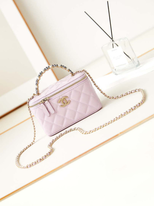 Chanel AP3804 Clutch Lambskin Vanity Box bag With Pearl handle Pink