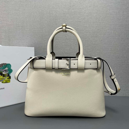 Prada 1BA434 White Prada Buckle Medium Leather Handbag With Belt
