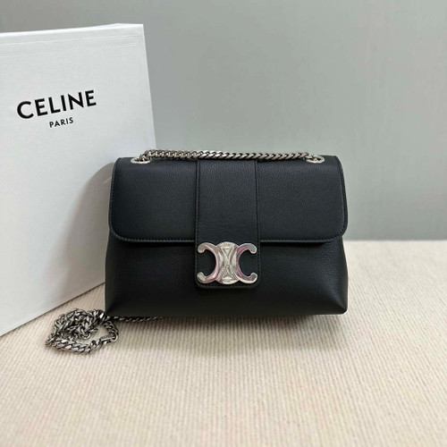Celine 115853 Medium Celine Victoire Bag In Supple Calfskin Black Silver