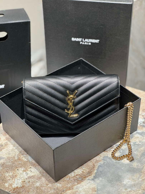YSL 377828 Classic Cassandre chain wallet in grain de Poudre leather black gold