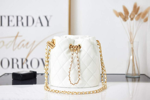 Chanel AS2859 Bucket Bag Shoulder Bag Shiny Grained Calfskin White