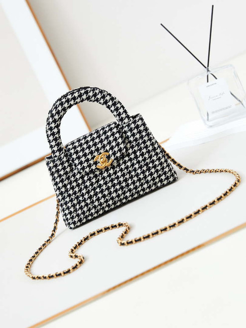Chanel AS4416 Mini Shopping Bag Houndstooth fabric & Gold Metal White and Black