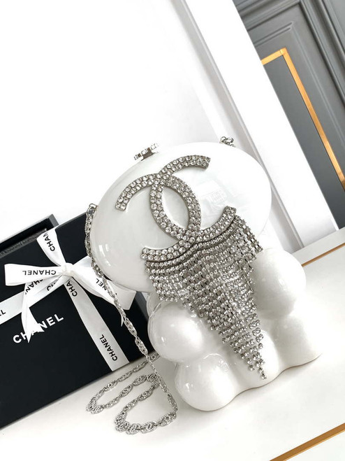 Chanel A88990 Evening Resin Crystal Chain Fringe CC Oval Minaudiere