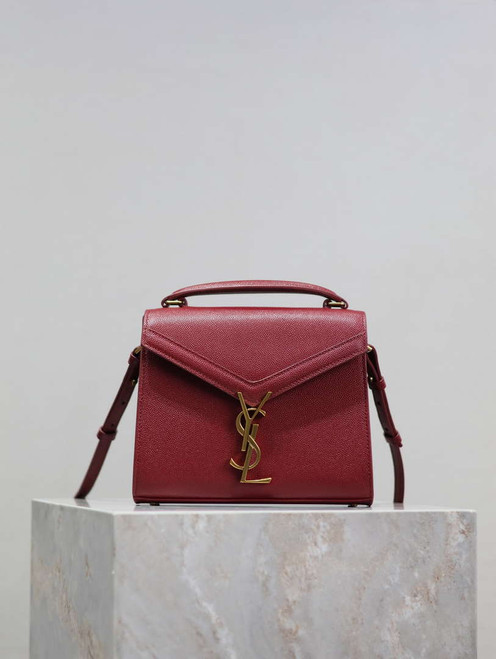 YSL 623930 Cassandra Mini Top Handle Bag In Grain De Poudre Embossed Leather Wine Red
