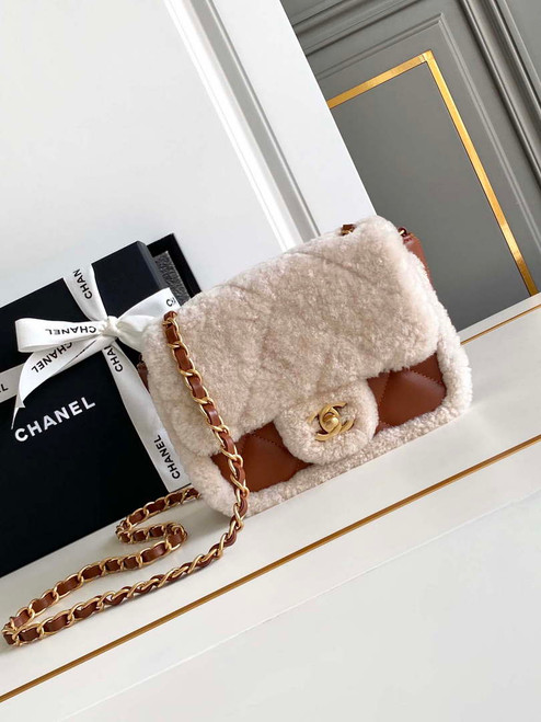 Chanel AS5148 Mini Flap Bag Shearling Lambskin & Gold-Tone Metal Beige & Brown