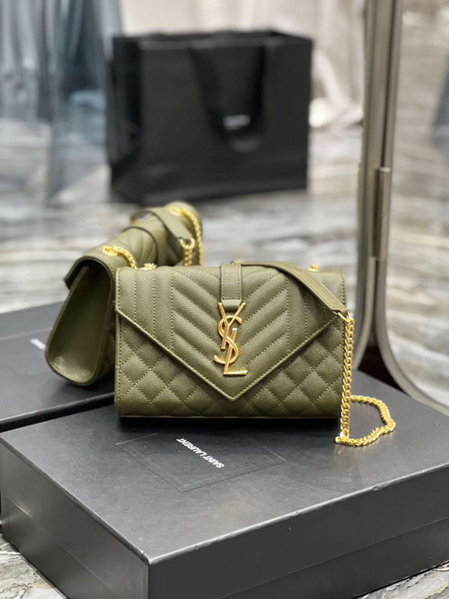 YSL 600195 Envelope Small In Quilted Grain De Poudre Embossed Leather Dark Green