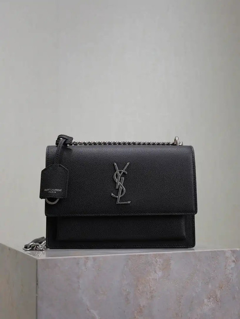 YSL 442906 SUNSET MEDIUM IN Black grained cowhide leather Silver