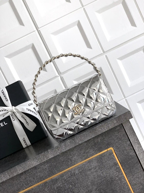 Chanel Evening with Handle Bag Patent leather AS6675 Silver