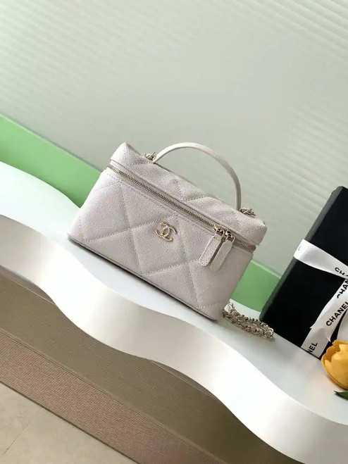 Chanel AP4936 Vanity with Chain Grained Shiny Calfskin & Gold-Tone Meta Beige