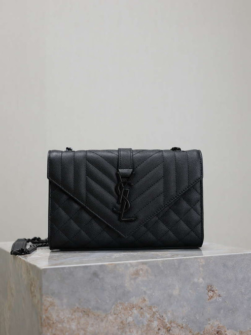 YSL 600195 Envelope Small In Quilted Grain De Poudre Embossed Leather Black with Black Hardware