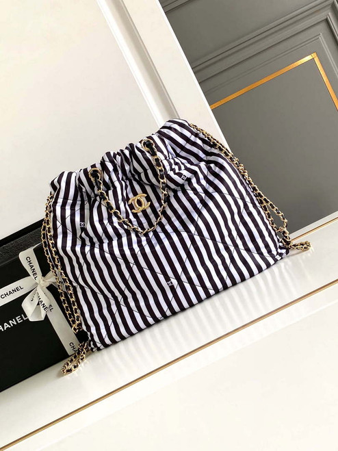 Chanel AS4692 Large Backpack Printed Fabric & Gold Metal White & Black